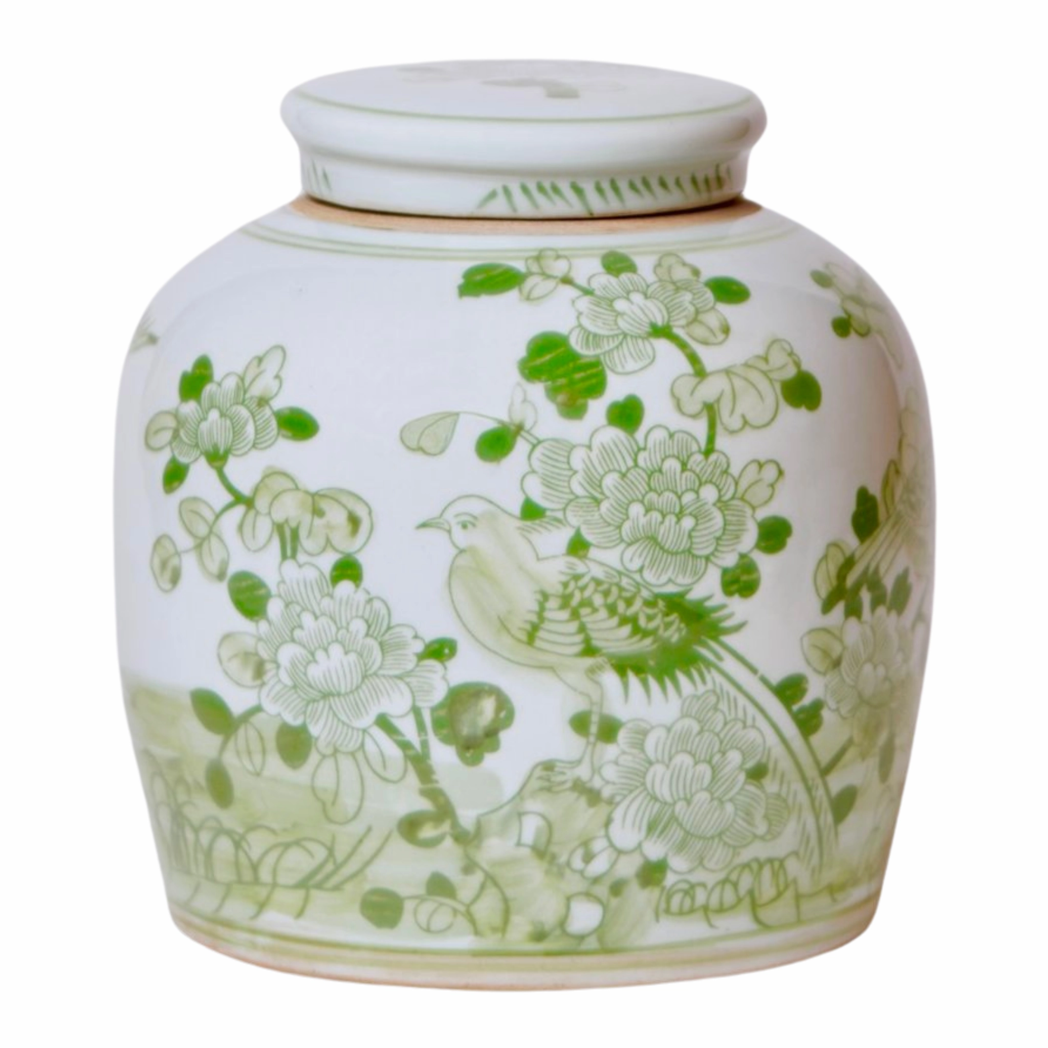 Green and White Lidded Porcelain Jar With Floral Bird Motif home display ornament