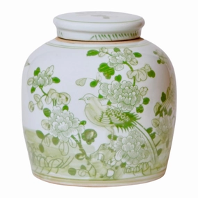 Green and White Lidded Porcelain Jar With Floral Bird Motif home display ornament