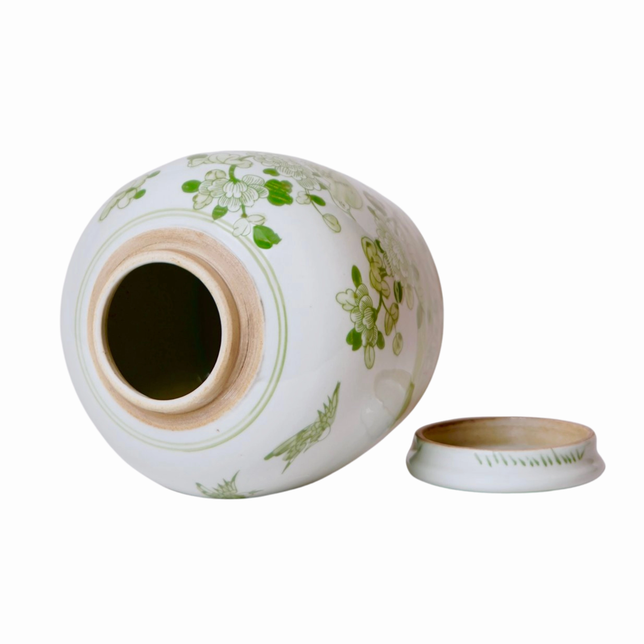 Green and White Lidded Porcelain Jar With Floral Bird Motif