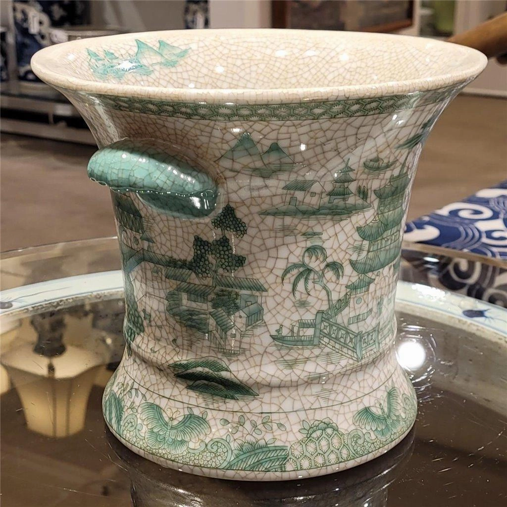 Green and White Porcelain Planter