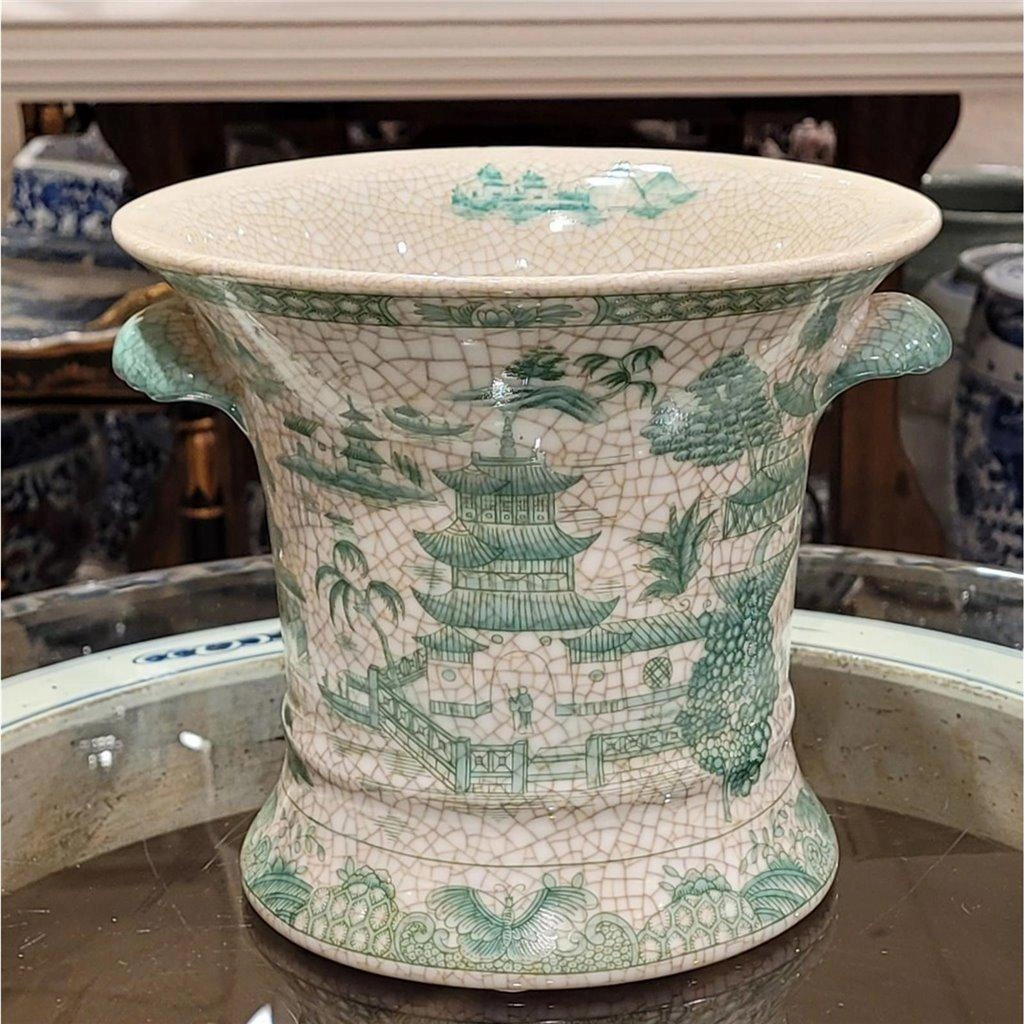 Green and White Porcelain Planter
