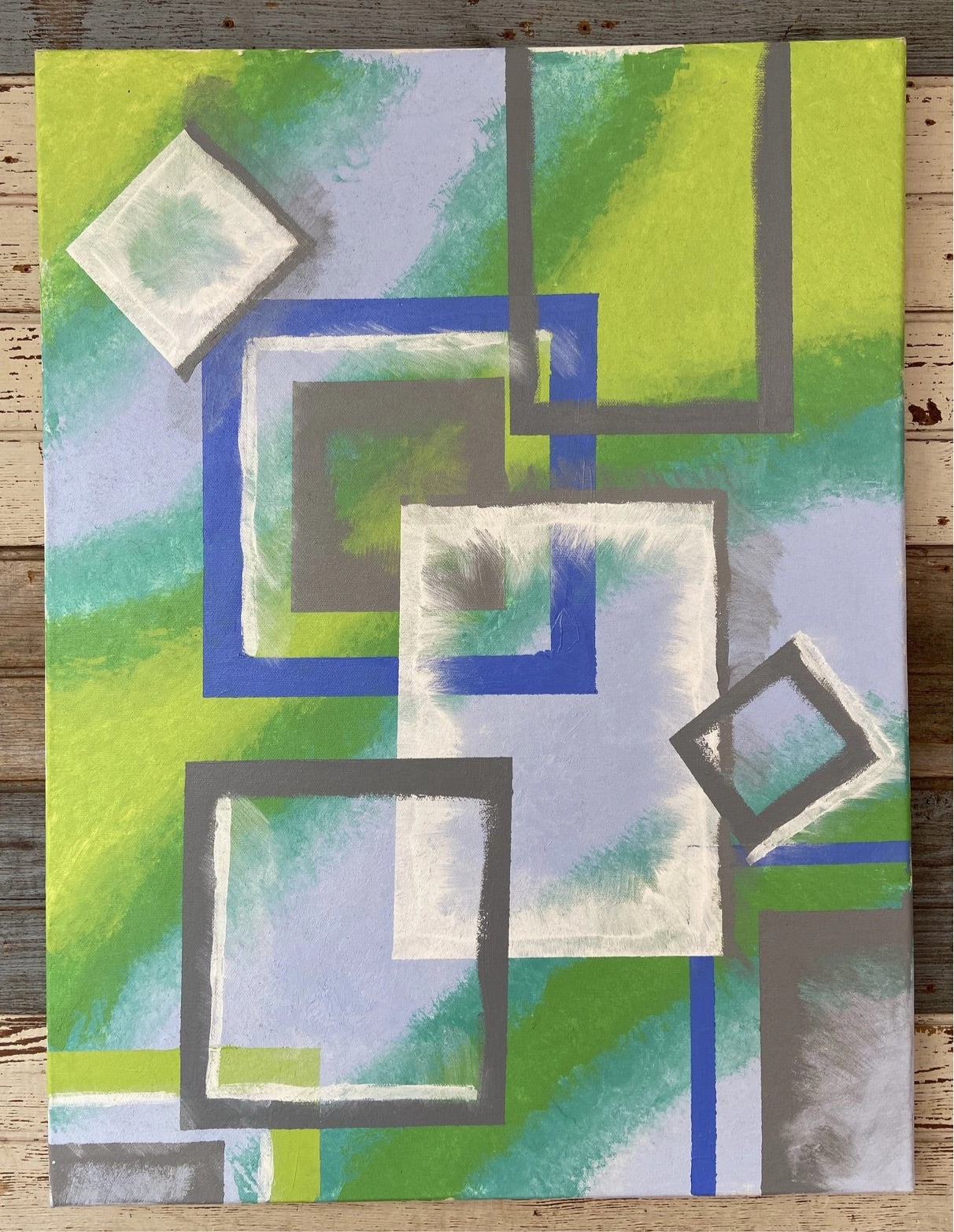 GREEN, BLUE, AND WHITE UNFRAMED GEOMETRICAL MODERN PAINTING classic mural painting