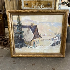 GUACHE WATERCOLOR WINTER SCENE IN GOLD FRAME classic mural painting