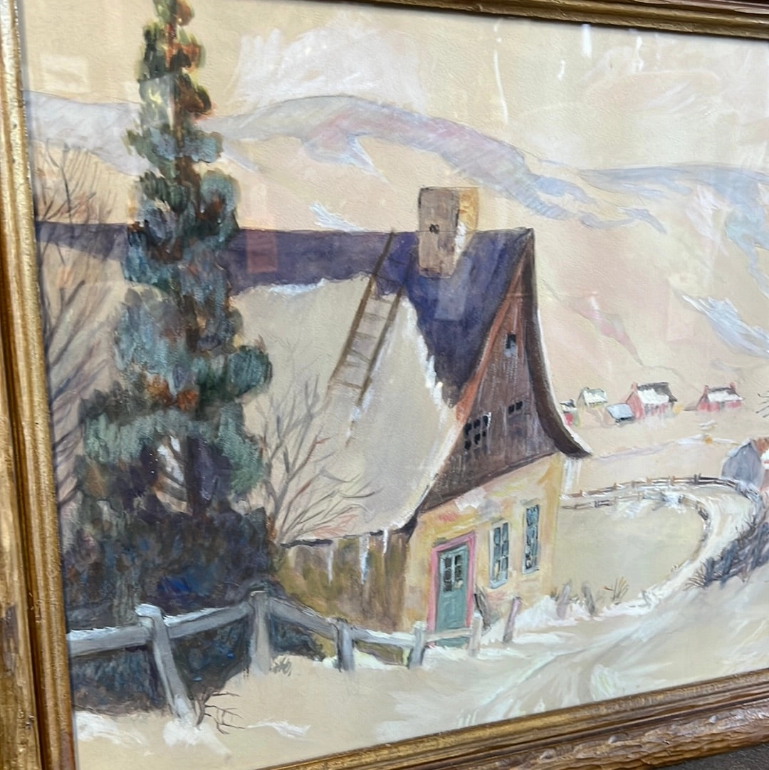 GUACHE WATERCOLOR WINTER SCENE IN GOLD FRAME