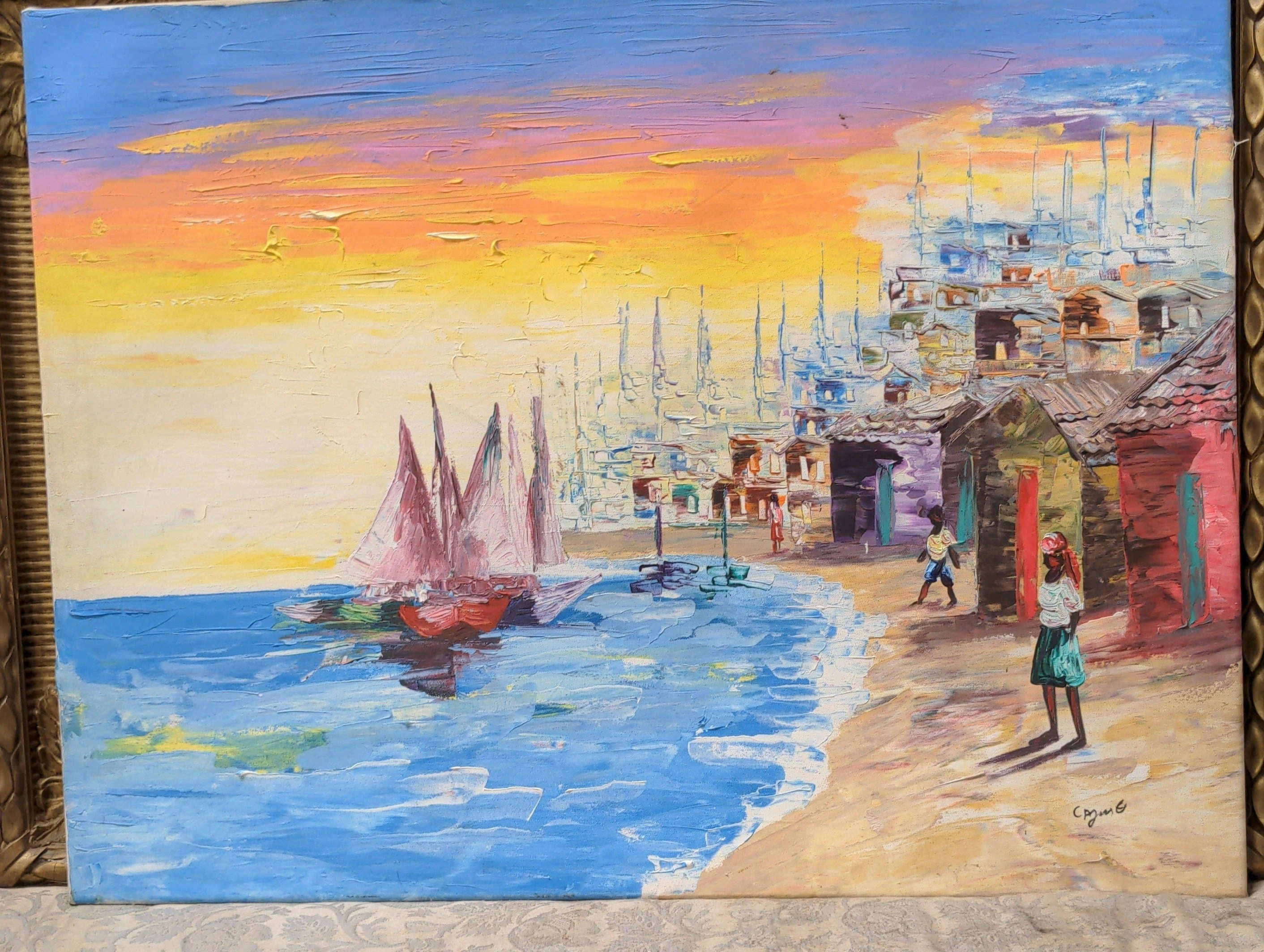 HAITIAN HARBOR SCENE ACRYLIC ON CANVAS PAINTING classic mural painting