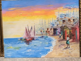 HAITIAN HARBOR SCENE ACRYLIC ON CANVAS PAINTING classic mural painting