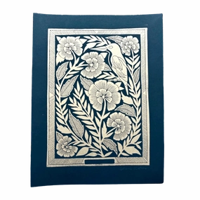 Hand Block Printed Bird Art Print No. 5063 framed wall decor