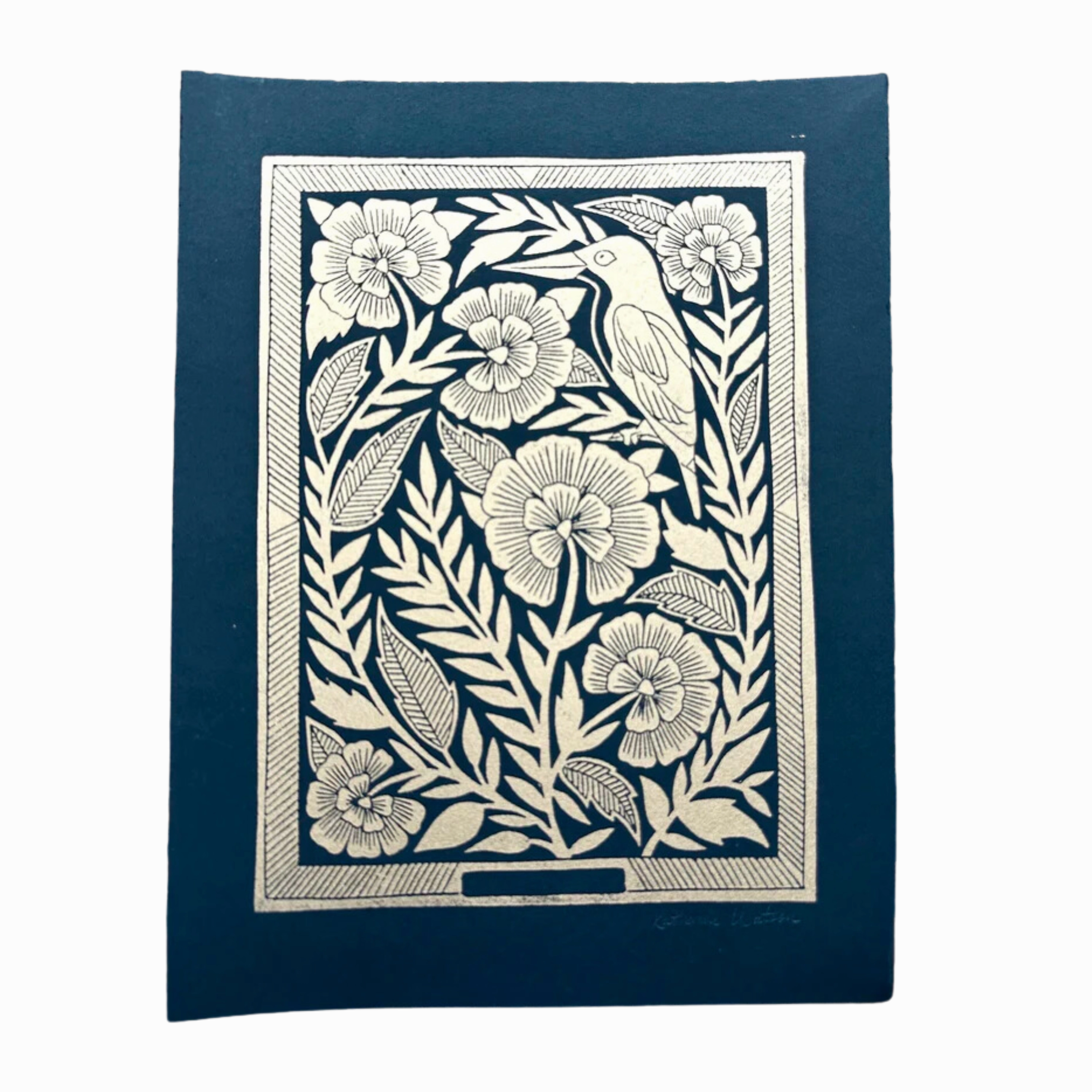 Hand Block Printed Bird Art Print No. 5063 framed wall decor