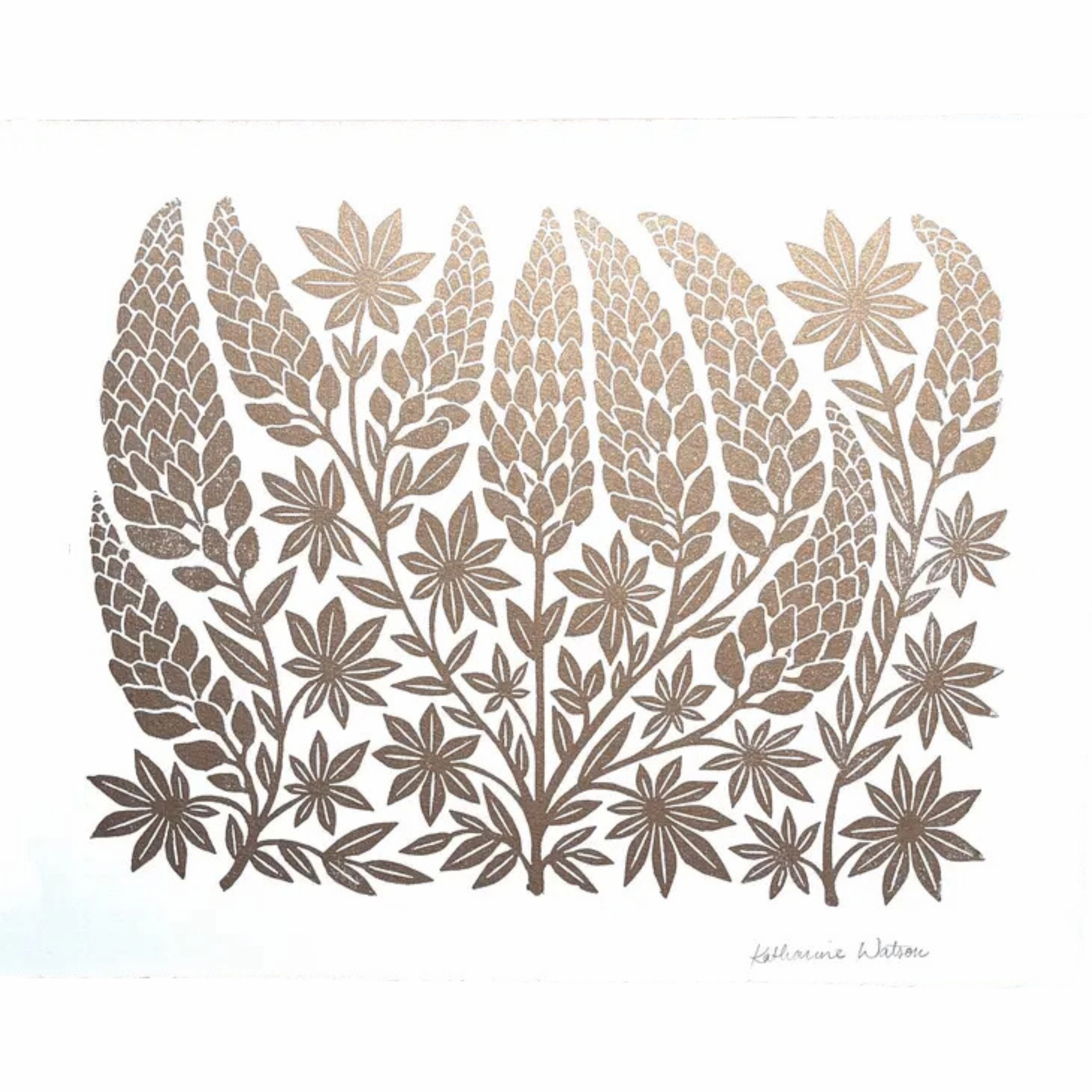 Hand Block Printed Gold Lupines Art Print - No. 2887 framed wall decor
