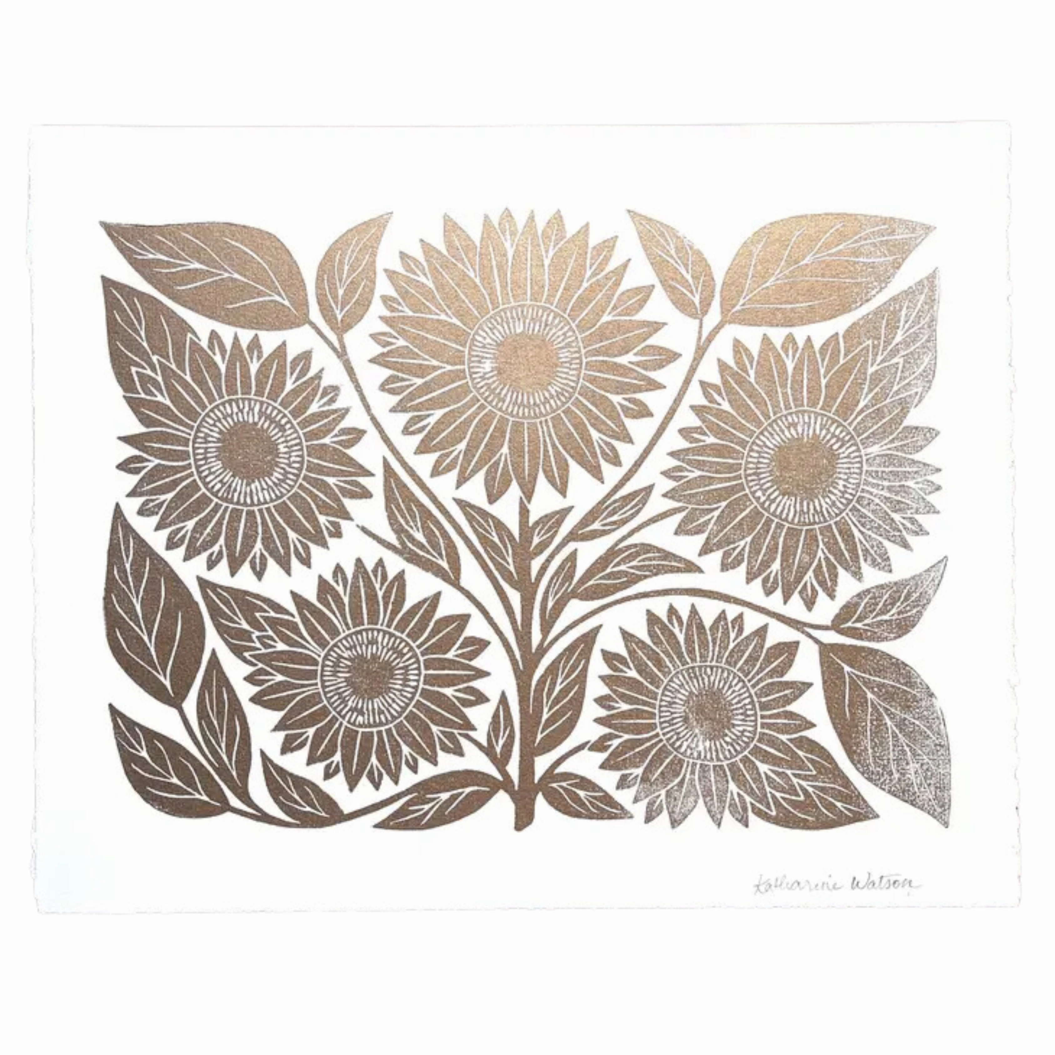 Hand Block Printed Gold Sunflower Art Print - No. 2888 framed wall decor
