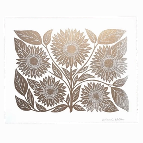 Hand Block Printed Gold Sunflower Art Print - No. 2888 framed wall decor