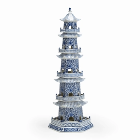 Hand Painted Blue and White Ceramic Canton Pagoda home display ornament