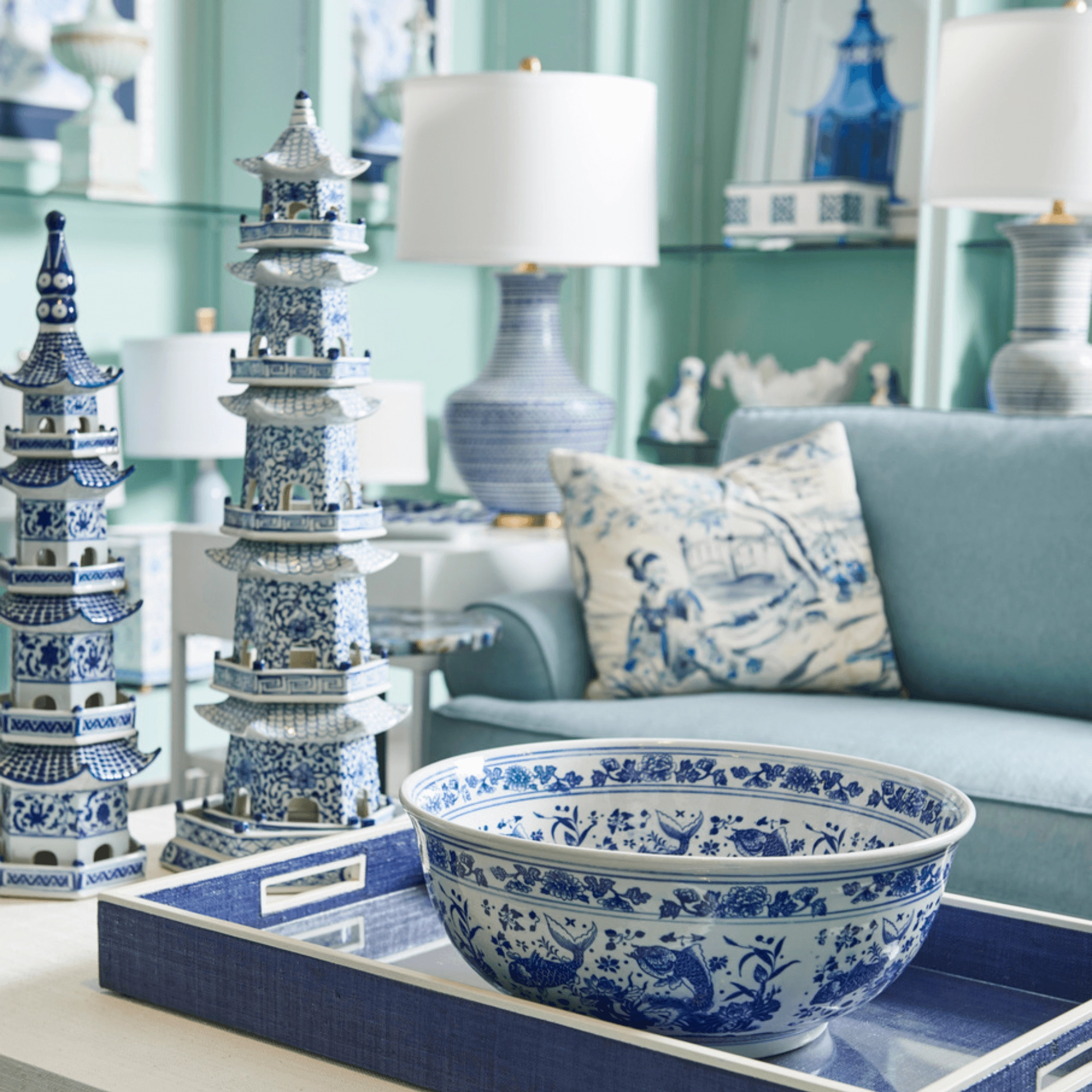 Hand Painted Blue and White Ceramic Decorative Pagoda