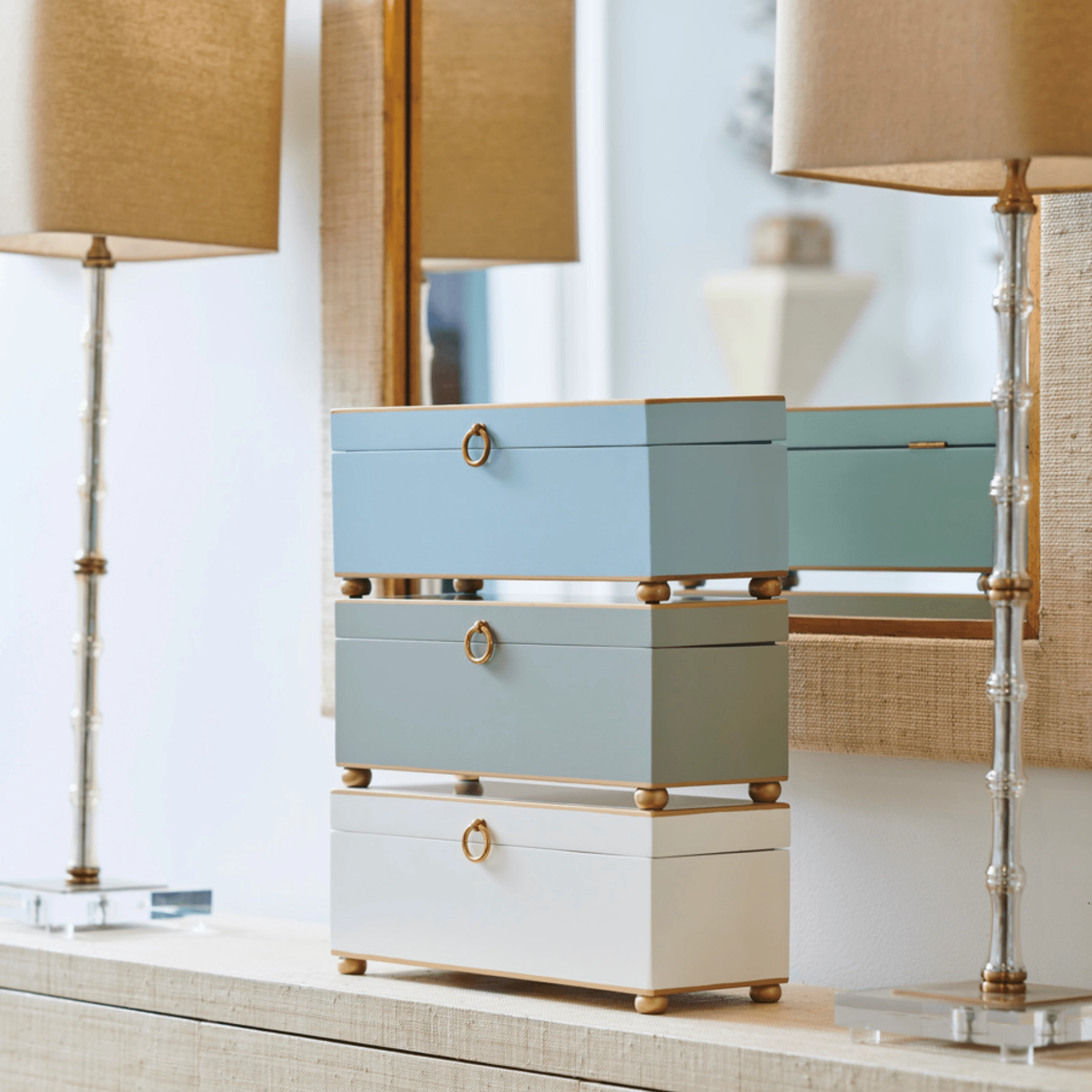 Hand Painted Decorative Storage Box in Pastel Blue with Gold Accents