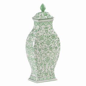 Hand Painted Green and White Floral Porcelain Lidded Jar home display ornament