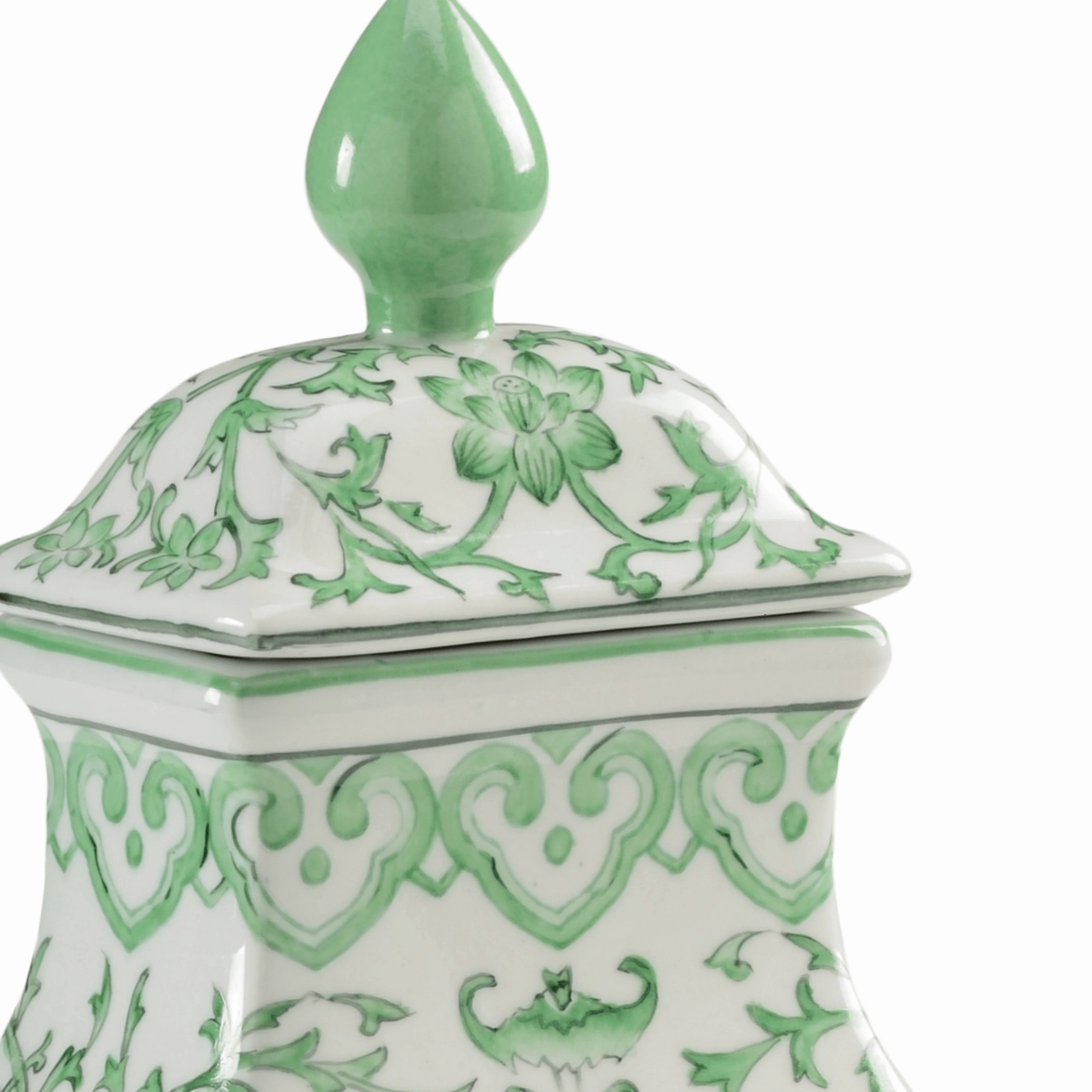 Hand Painted Green and White Floral Porcelain Lidded Jar
