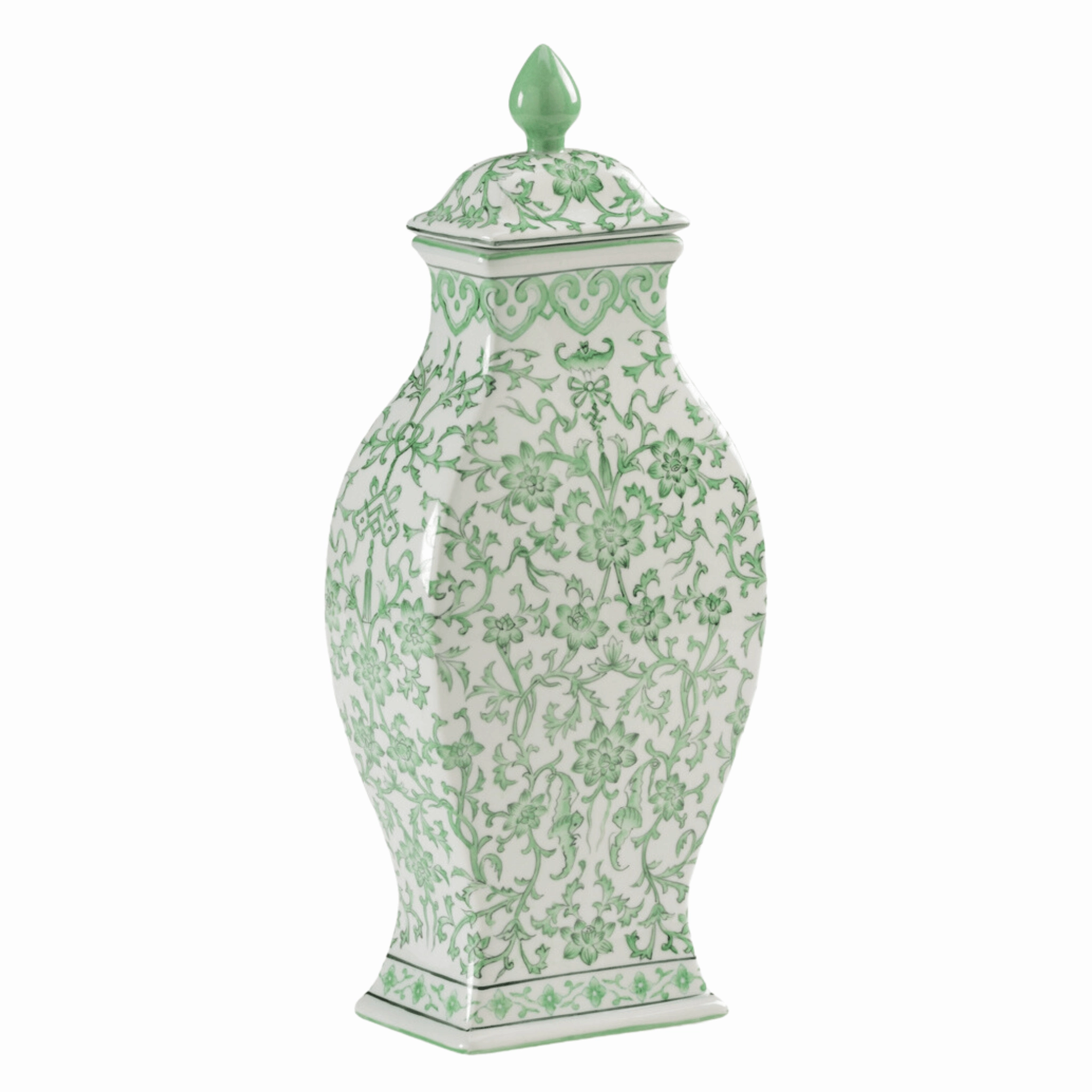 Hand Painted Green and White Floral Porcelain Lidded Jar home display ornament