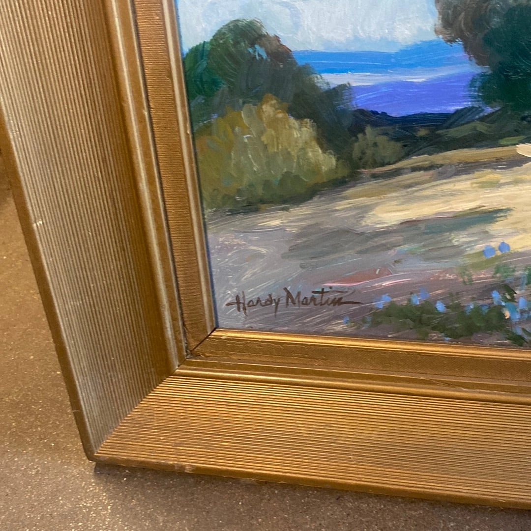 HARDY MARTIN LANDSCAPE WITH BLUE SKY AND TREE IN CENTER OIL PAINTING