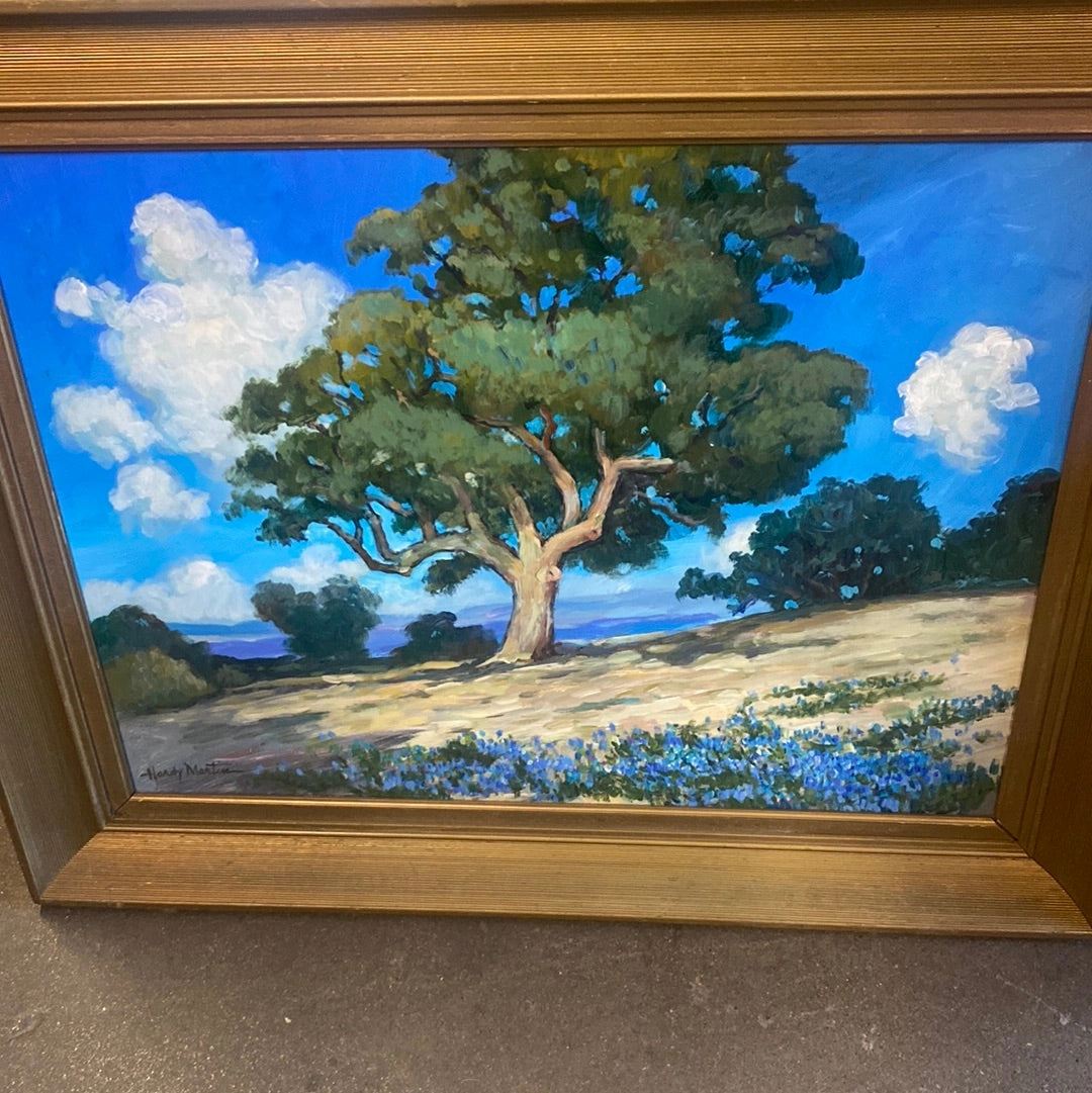 HARDY MARTIN LANDSCAPE WITH BLUE SKY AND TREE IN CENTER OIL PAINTING