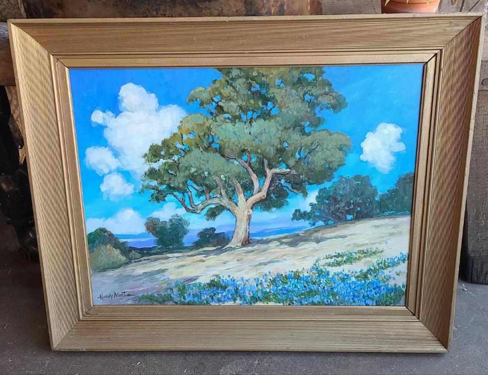 HARDY MARTIN LANDSCAPE WITH BLUE SKY AND TREE IN CENTER OIL PAINTING