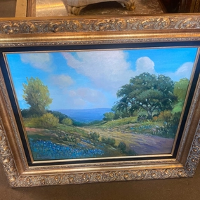 HARDY MARTIN LANDSCAPE WITH BLUEBONNETS AND CACTI NEAR A ROAD OIL PAINTING classic mural painting