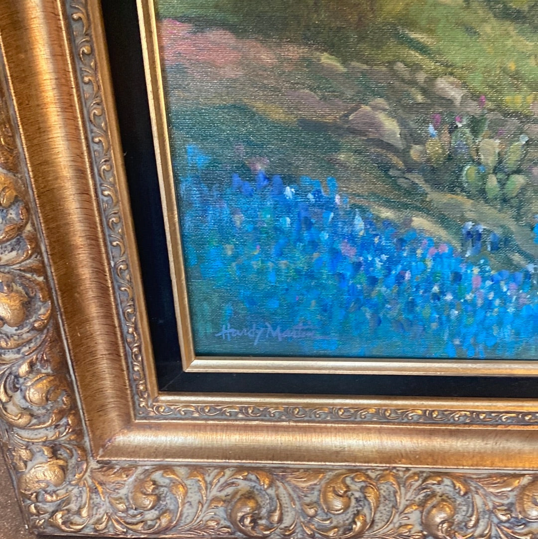 HARDY MARTIN LANDSCAPE WITH BLUEBONNETS AND CACTI NEAR A ROAD OIL PAINTING