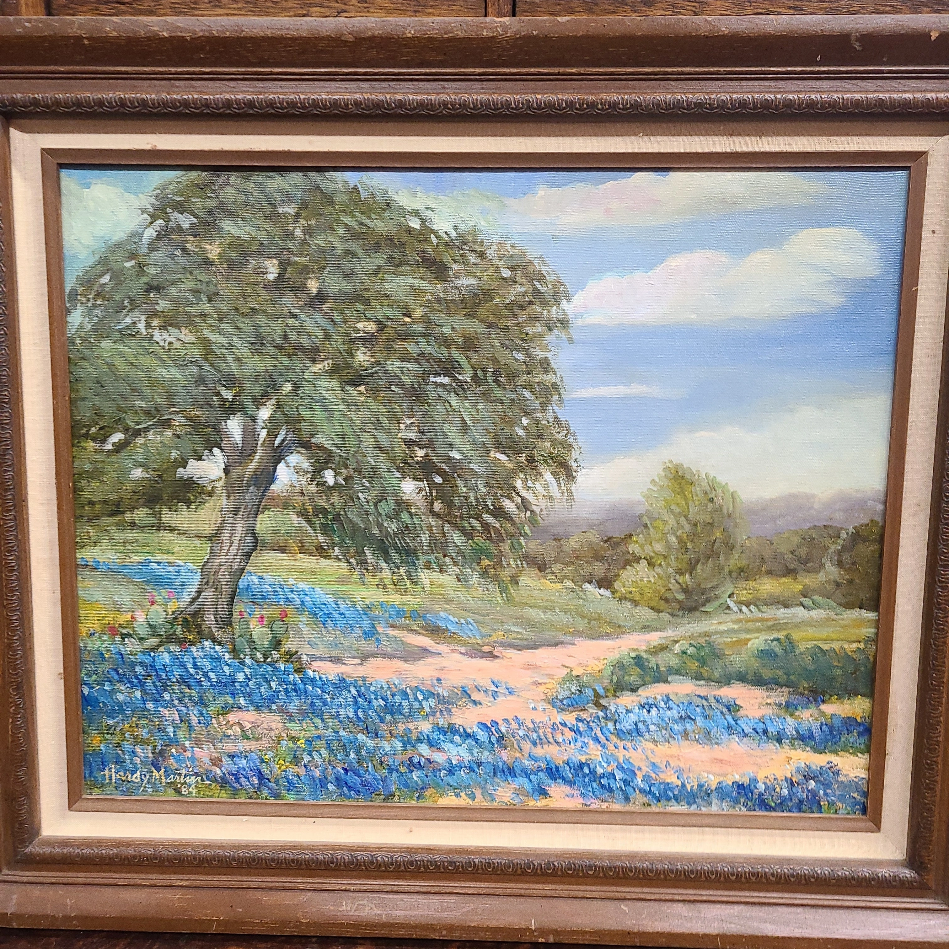 HARDY MARTIN LANDSCAPE WITH BLUEBONNETS AND CACTI UNDER TREE OIL PAINTING