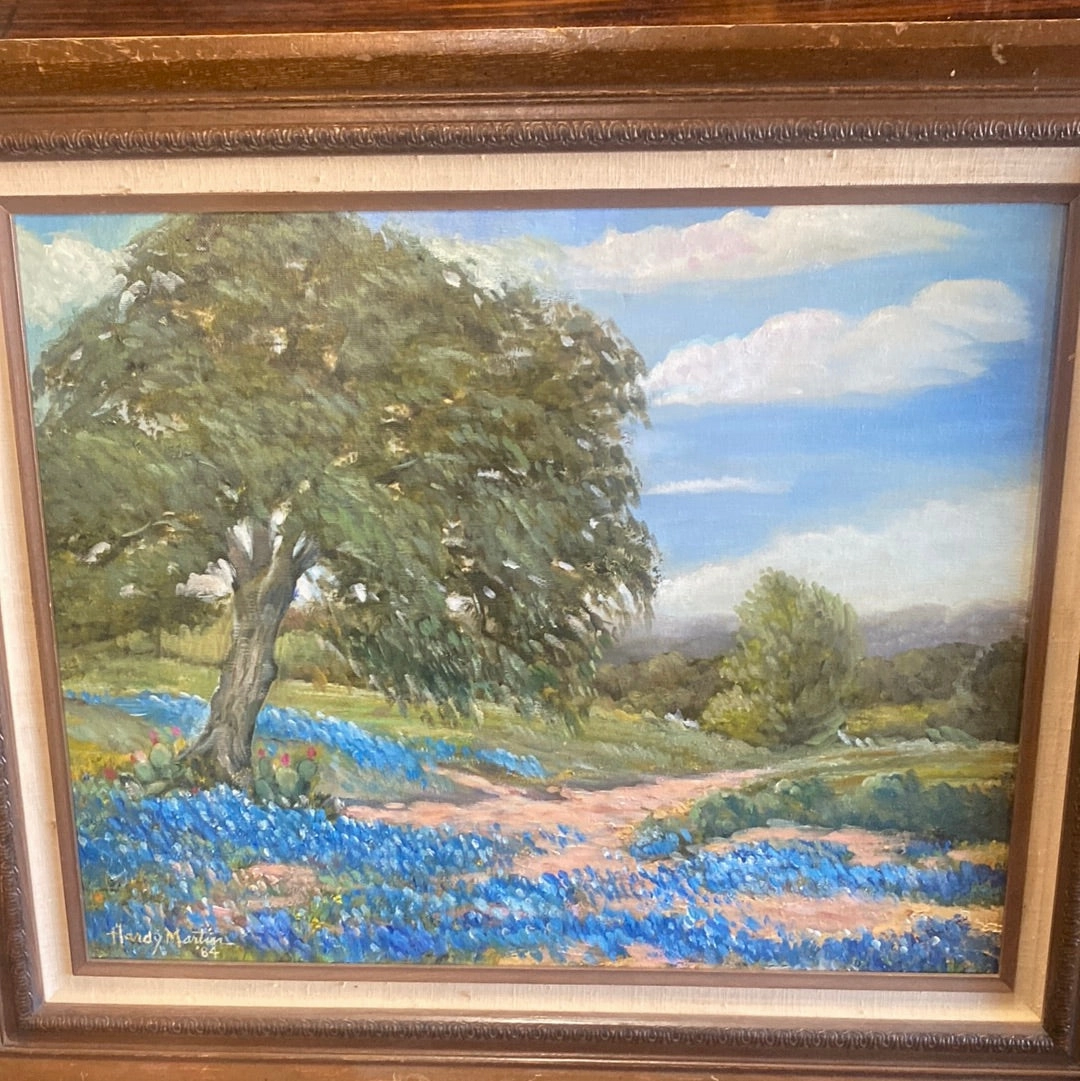 HARDY MARTIN LANDSCAPE WITH BLUEBONNETS AND CACTI UNDER TREE OIL PAINTING