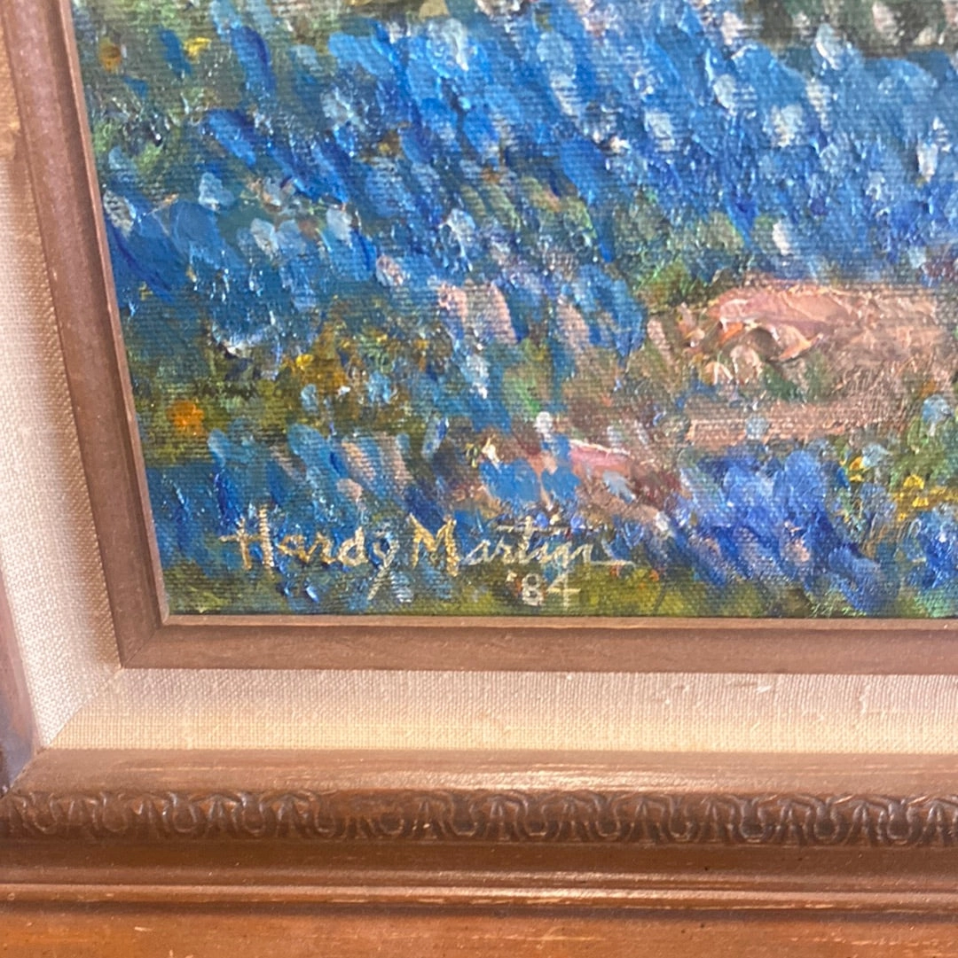 HARDY MARTIN LANDSCAPE WITH BLUEBONNETS AND CACTI UNDER TREE OIL PAINTING