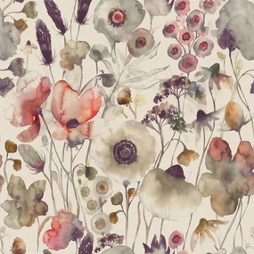 Hibbertia Printed Cotton Fabric (By The Metre) Boysenberry/Linen elegant table cloth  