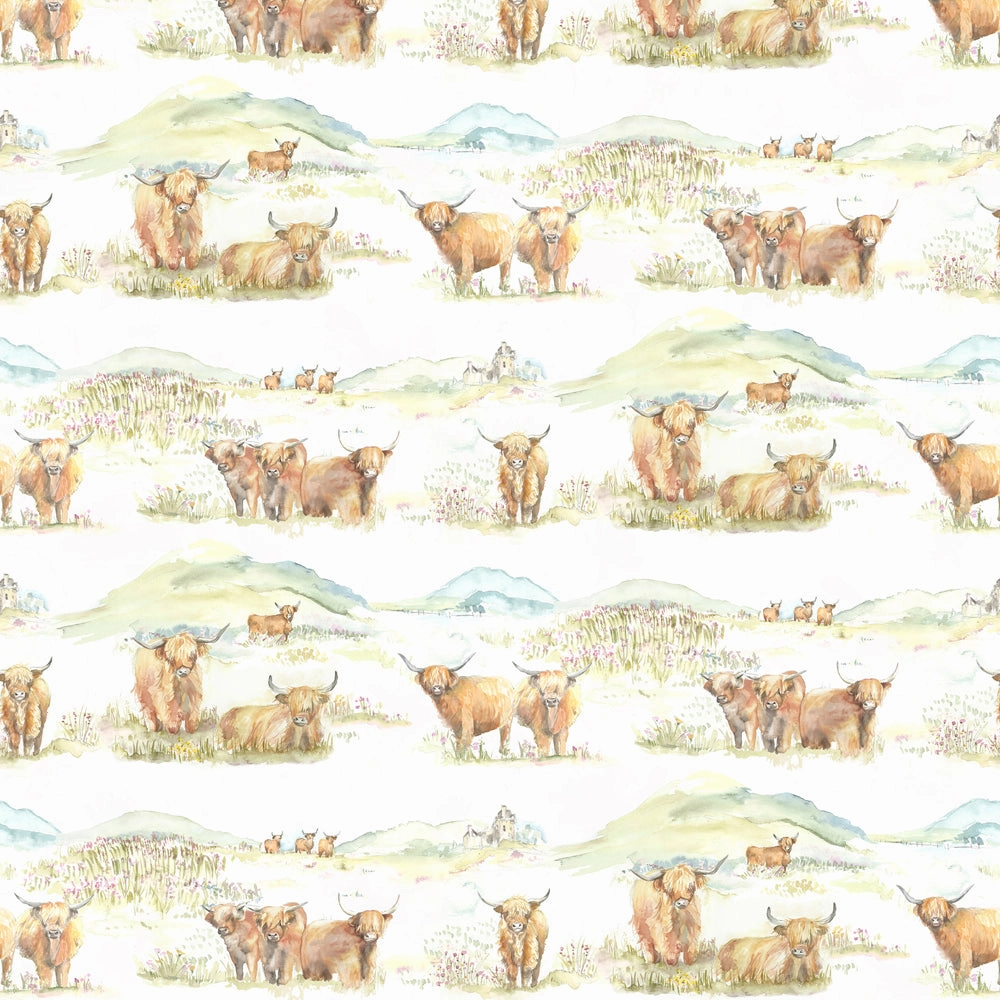 Highland Cattle Printed Linen Fabric (By The Metre) Natural