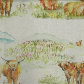 Highland Cattle Printed Linen Fabric (By The Metre) Natural elegant table cloth  