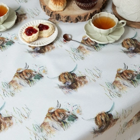 Highland Coo Oil Cloth Fabric (By The Metre) Natural elegant table cloth  