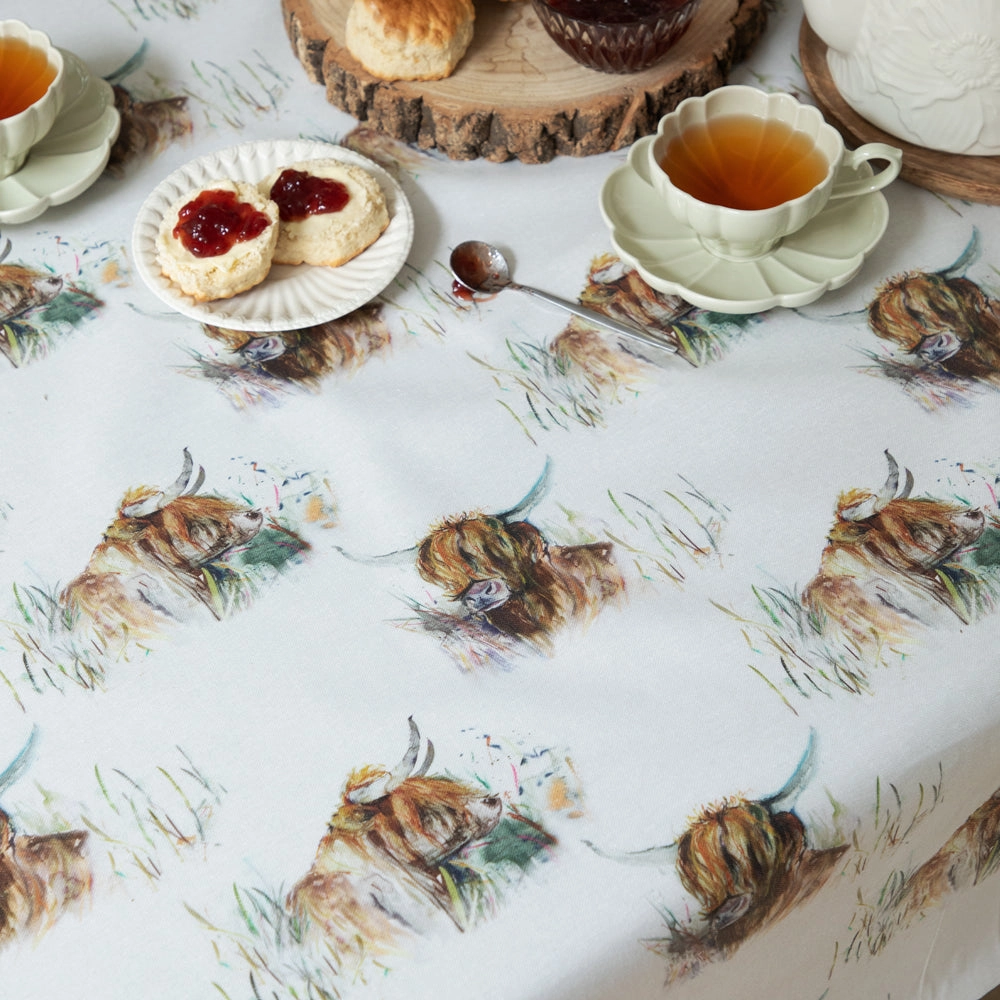 Highland Coo Oil Cloth Fabric (By The Metre) Natural elegant table cloth  
