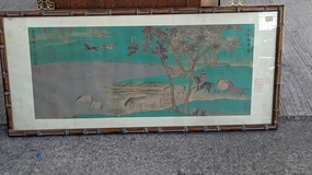 HORIZONTAL CHINESE MAN ON A HORSE BY A LAKE PAINTING - SIGNED classic mural painting