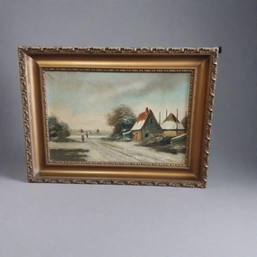 HORIZONTAL CHURCH WINTER SCENE WITH COLORFUL HOUSES OIL PAINTING classic mural painting