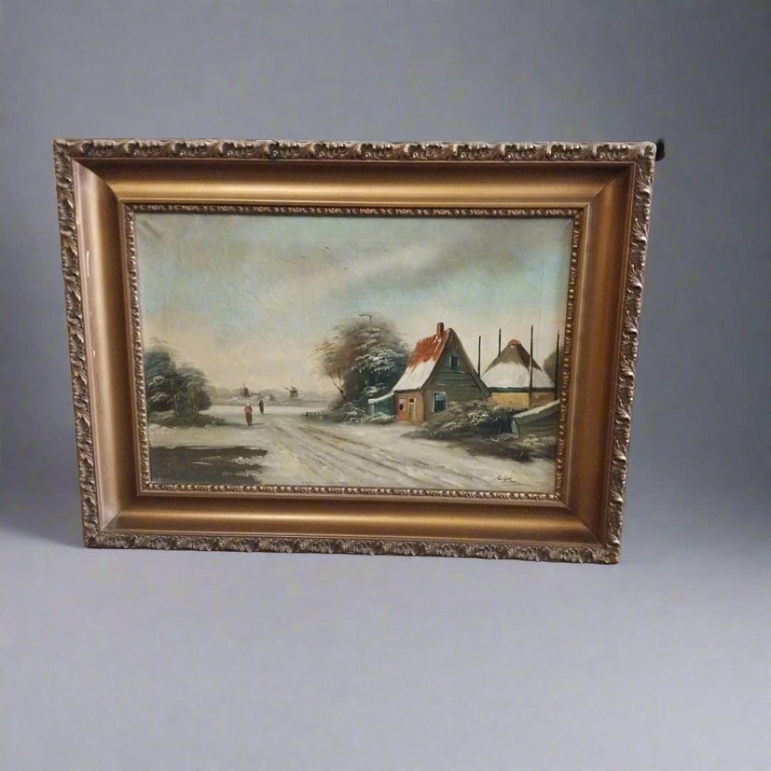 HORIZONTAL CHURCH WINTER SCENE WITH COLORFUL HOUSES OIL PAINTING classic mural painting