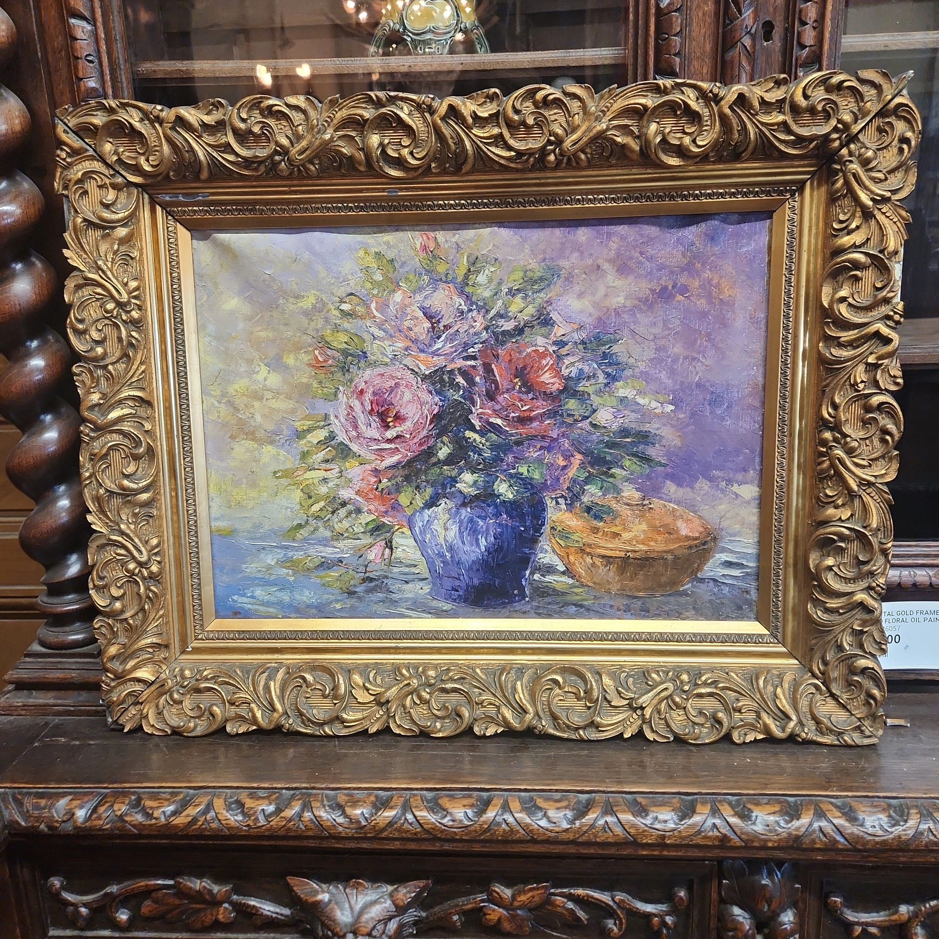 HORIZONTAL GOLD FRAMED IMPASTO FLORAL OIL PAINTING classic mural painting