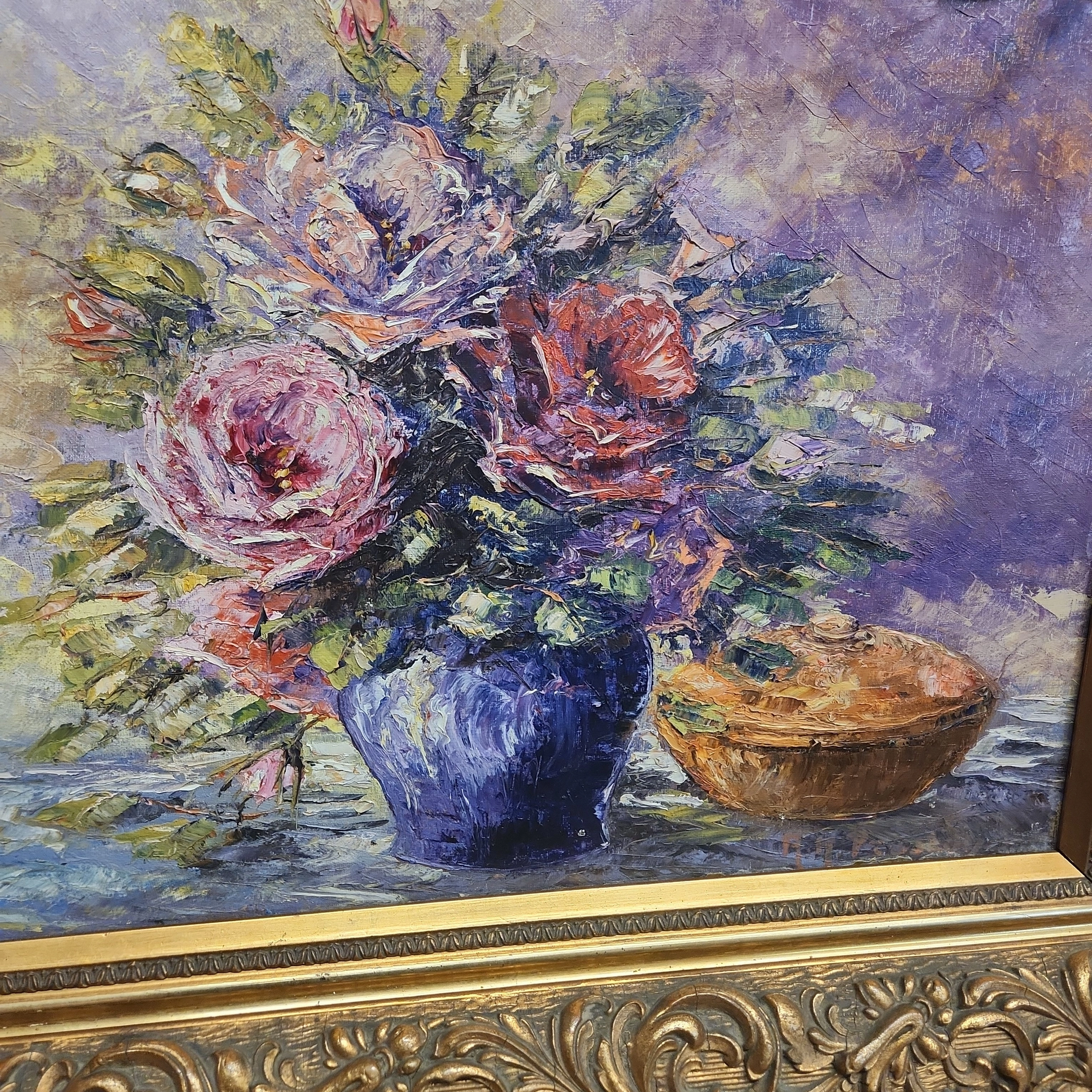 HORIZONTAL GOLD FRAMED IMPASTO FLORAL OIL PAINTING