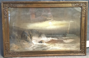 HORIZONTAL OIL PAINTING OF MOONLIT COAST WITH SHIPS AT SEA classic mural painting