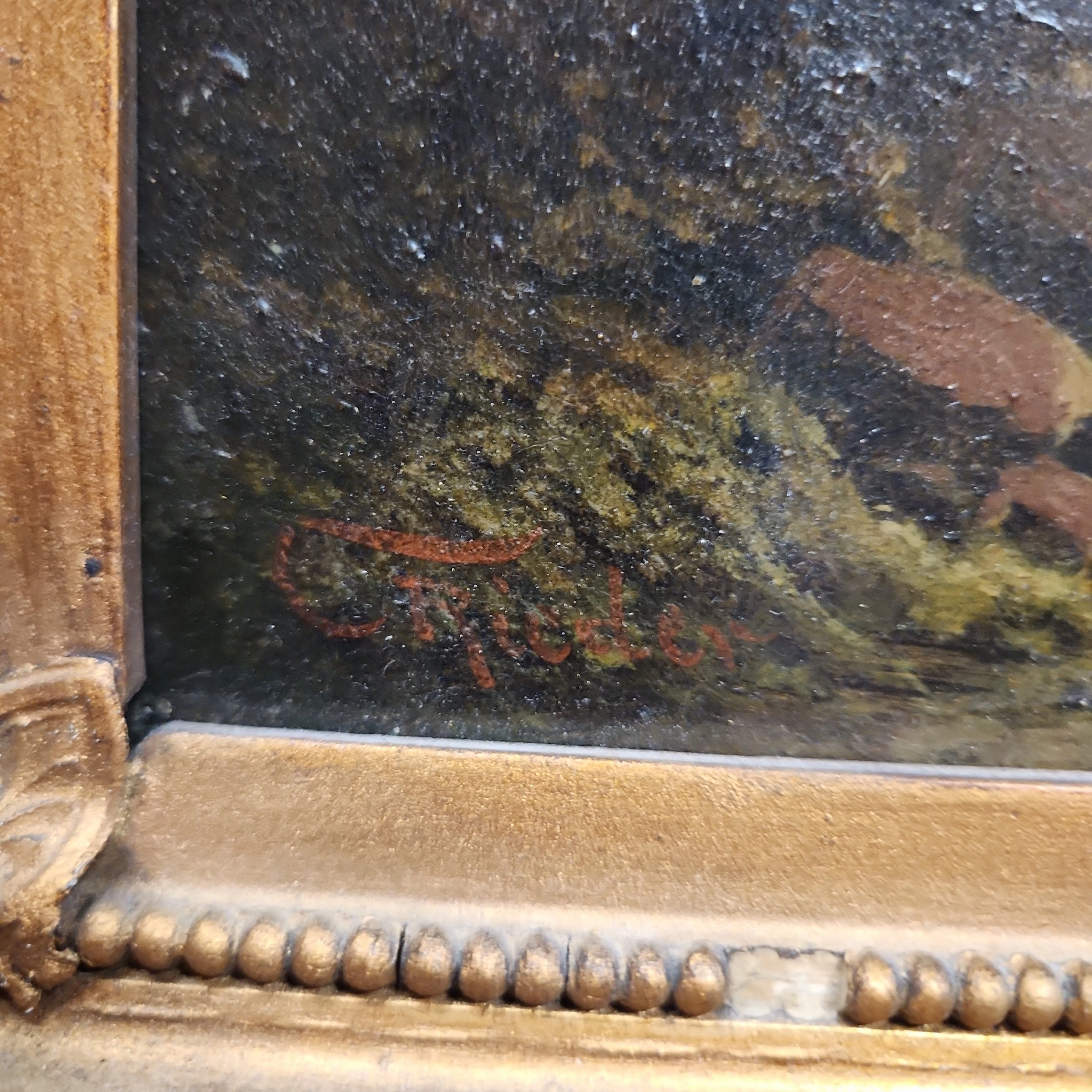 HORIZONTAL OIL PAINTING ON BOARD WITH MOUNTAIN & LAKE IN GILT FRAME BY REIDER
