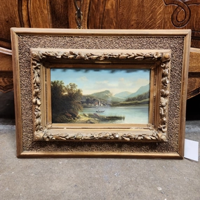 HORIZONTAL OIL PAINTING ON BOARD WITH MOUNTAIN & LAKE IN GILT FRAME BY REIDER classic mural painting