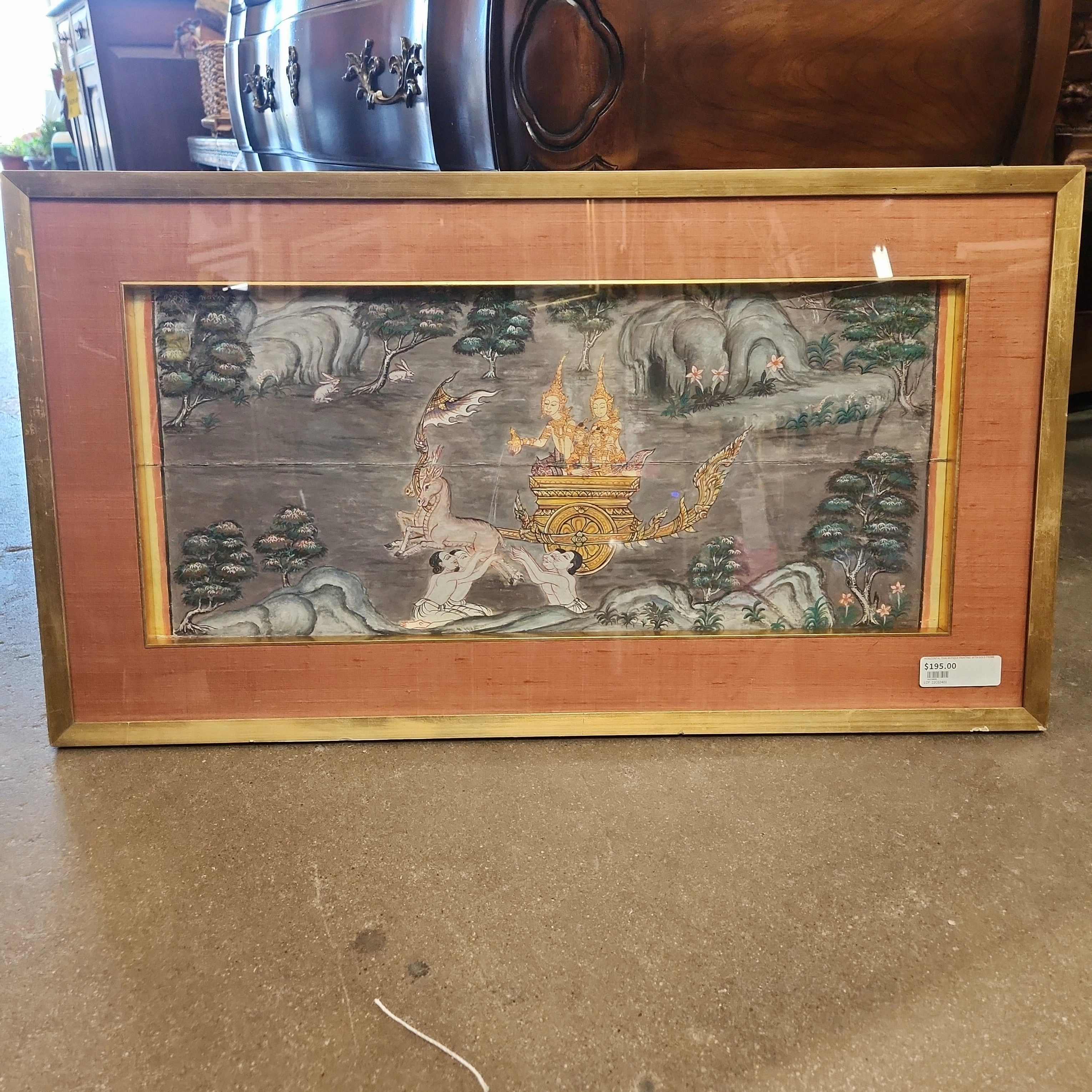 HORIZONTAL THAI ANTIQUE PAINTING WITH GOLD FRAME classic mural painting