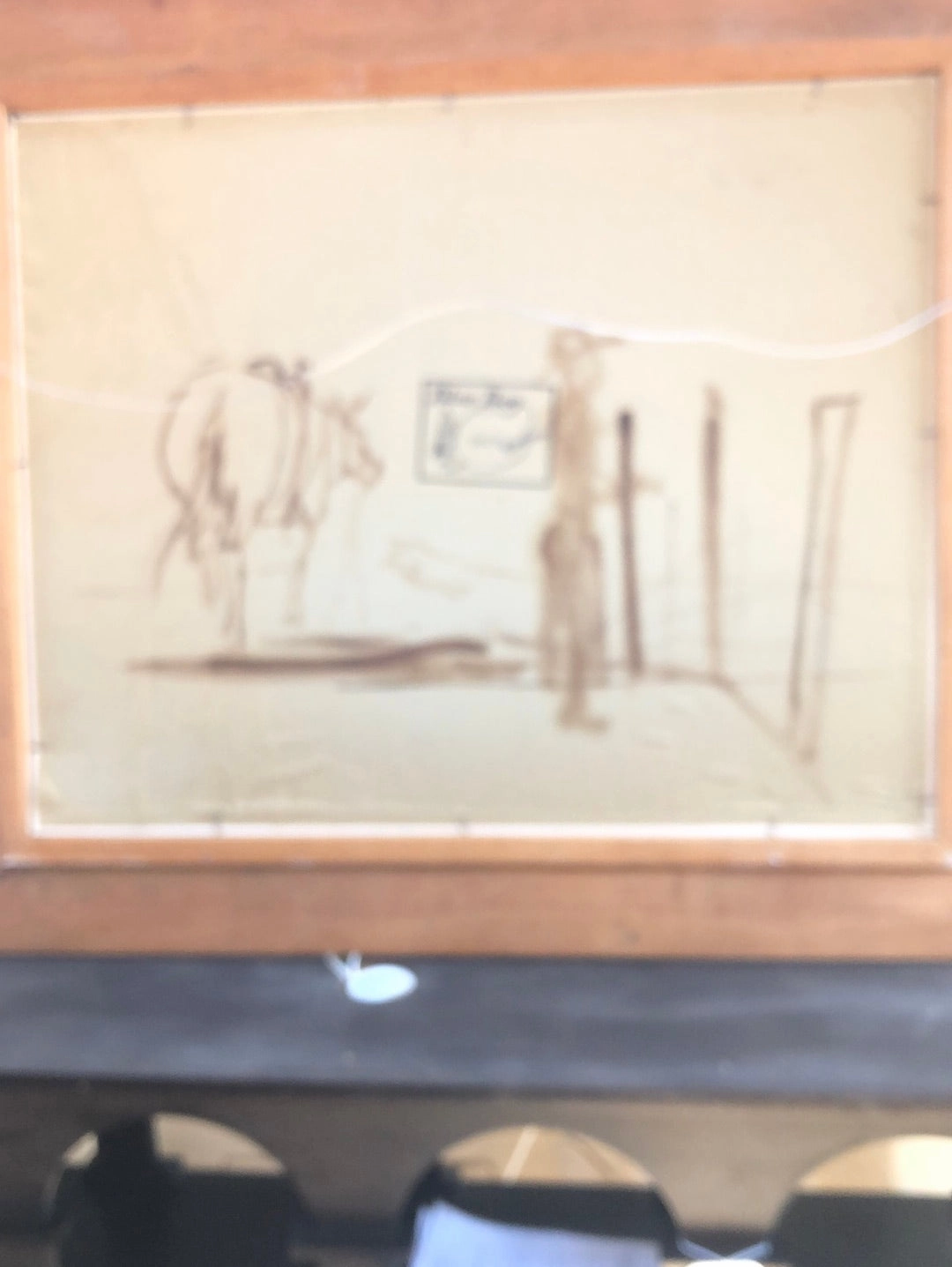HORSE AND COWBOY AT THE FENCE OIL PAINTING ON BOARD BY BUCK MCCAIN