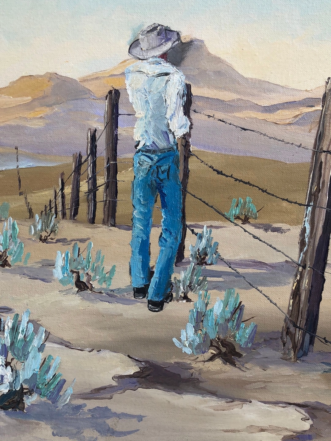 HORSE AND COWBOY AT THE FENCE OIL PAINTING ON BOARD BY BUCK MCCAIN