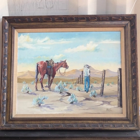 HORSE AND COWBOY AT THE FENCE OIL PAINTING ON BOARD BY BUCK MCCAIN classic mural painting