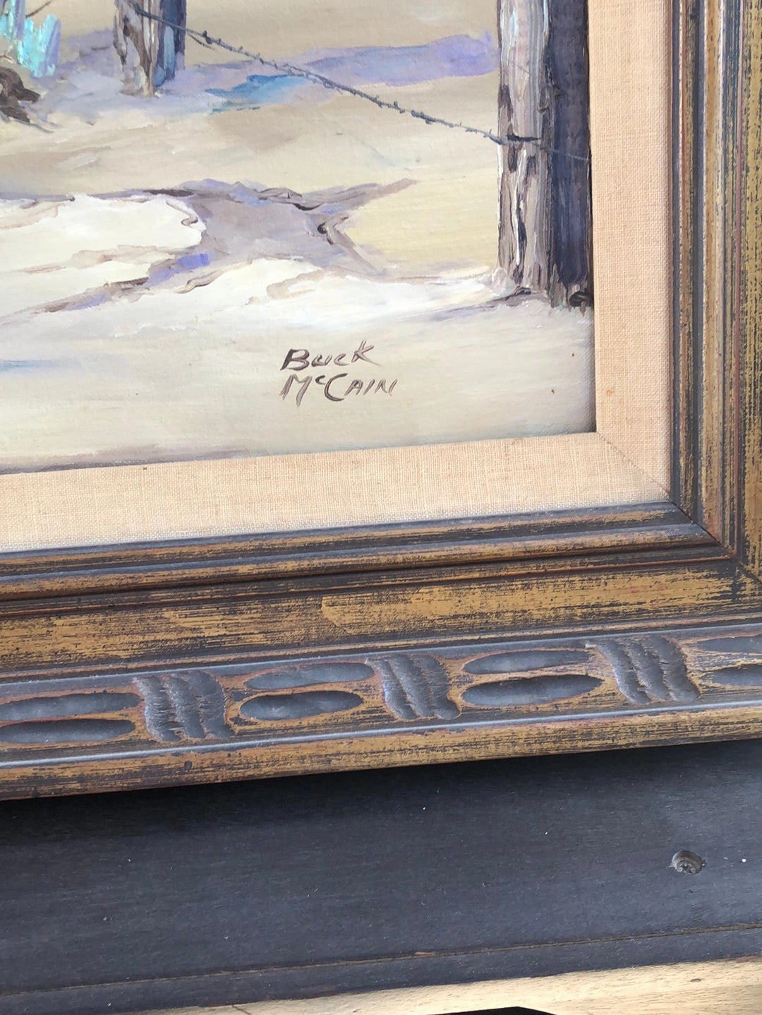 HORSE AND COWBOY AT THE FENCE OIL PAINTING ON BOARD BY BUCK MCCAIN