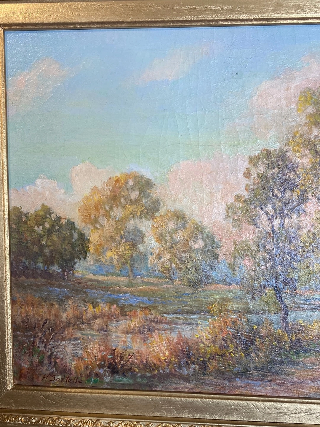 HUBERT SARTELLE LANDSCAPE OIL PAINTING IN SPRAY GOLD FRAME
