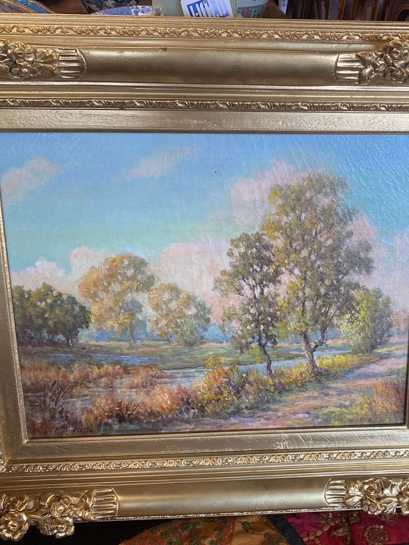 HUBERT SARTELLE LANDSCAPE OIL PAINTING IN SPRAY GOLD FRAME classic mural painting