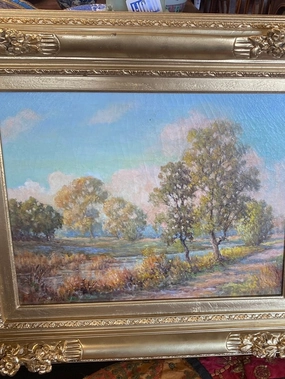 HUBERT SARTELLE LANDSCAPE OIL PAINTING IN SPRAY GOLD FRAME classic mural painting